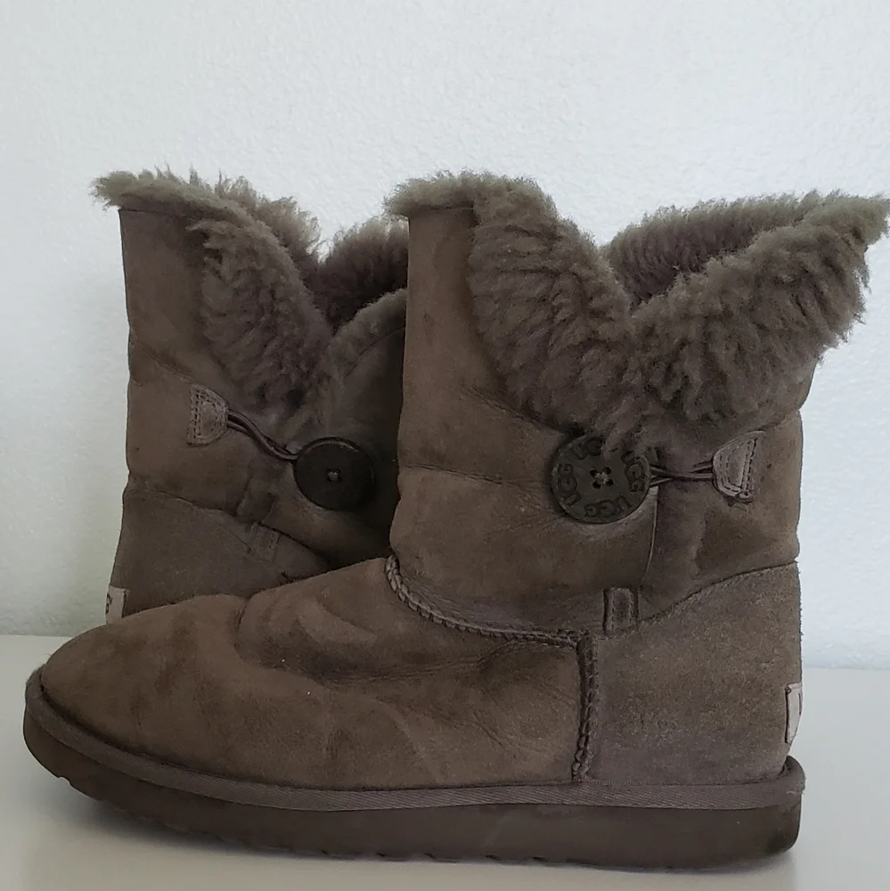 UGG Grey Suede Button-Accent Shearling Winter Boots